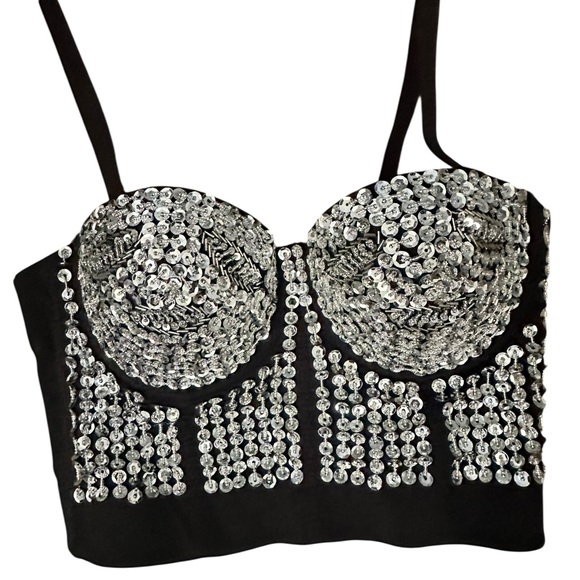 Almia Other - Almia Black and Silver Sequin Crop Top